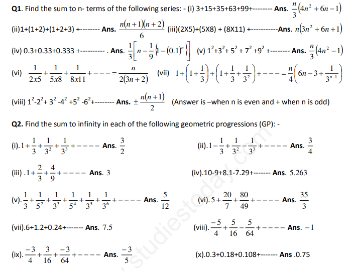 CBSE Class 11 Mathematics Sequences And Series Assignment Set A